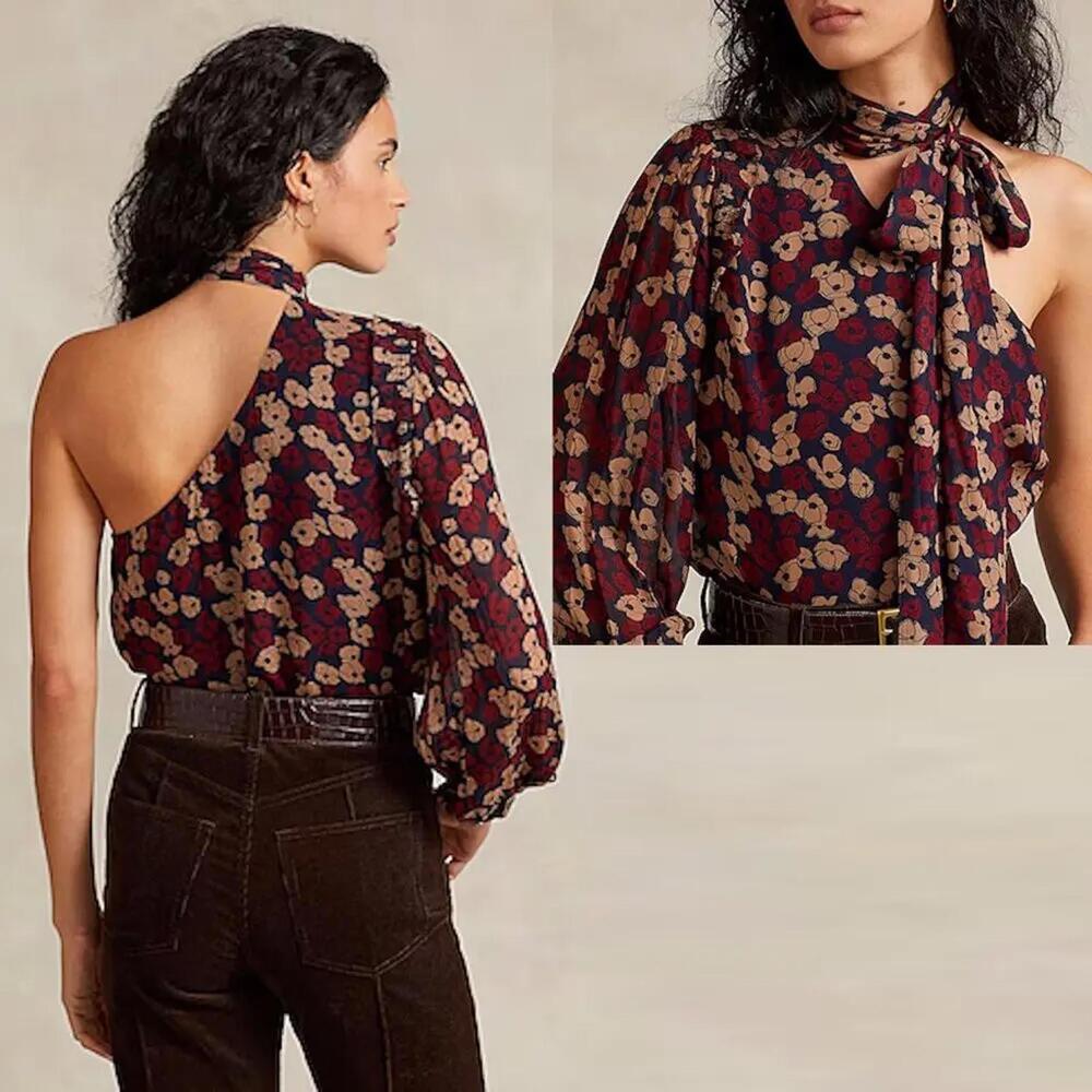 Floral One-Shoulder Tie-Neck Women’s Top in Burgundy